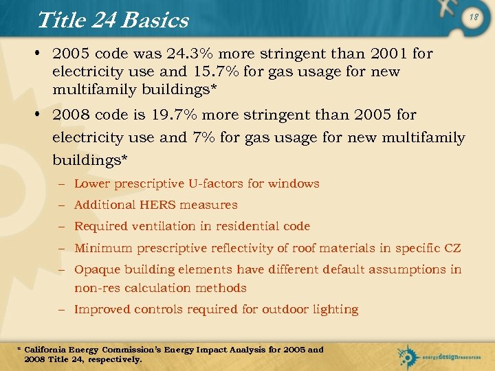 Title 24 Basics • 2005 code was 24. 3% more stringent than 2001 for