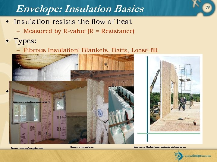 Envelope: Insulation Basics • Insulation resists the flow of heat – Measured by R-value