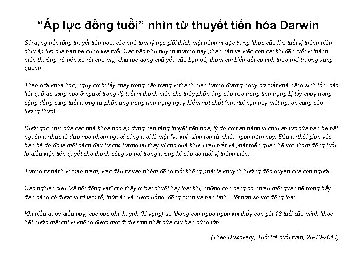 “Áp lực đồng tuổi” nhìn từ thuyết tiến hóa Darwin Sử dụng nền tảng