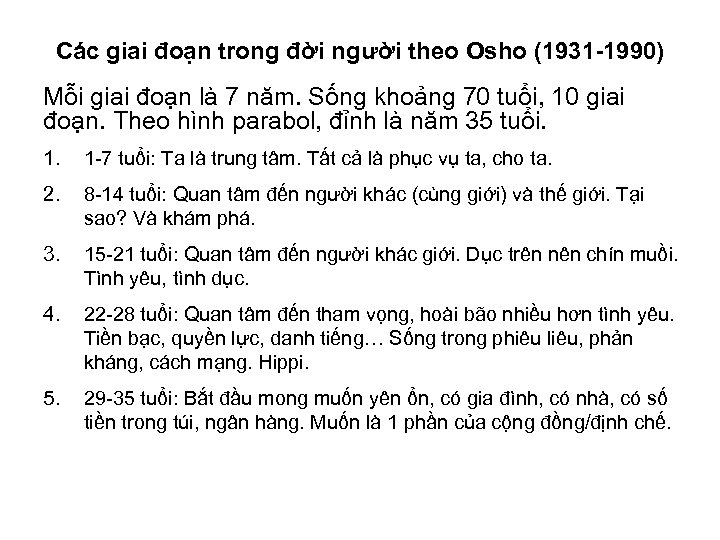 Các giai đoạn trong đời người theo Osho (1931 -1990) Mỗi giai đoạn là
