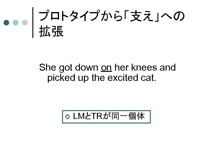 プロトタイプから「支え」への 拡張 She got down on her knees and picked up the excited cat.