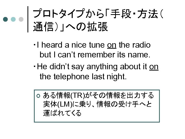 プロトタイプから「手段・方法（ 通信）」への拡張 ・I heard a nice tune on the radio but I can’t remember