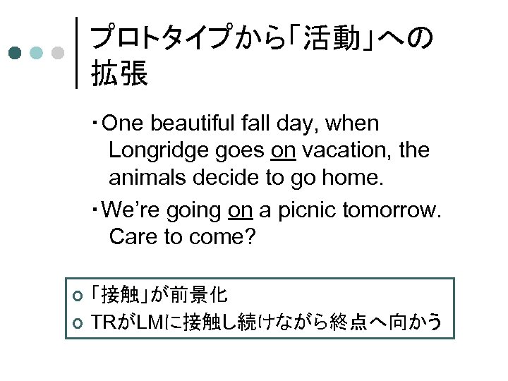 プロトタイプから「活動」への 拡張 ・One beautiful fall day, when Longridge goes on vacation, the animals decide