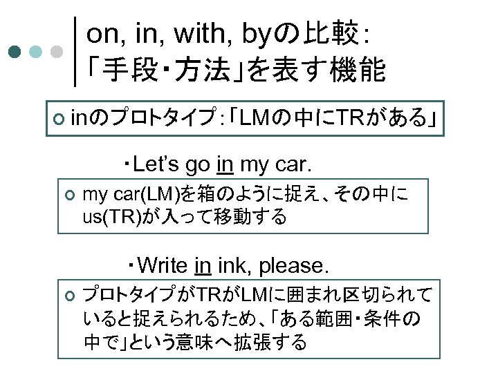 on, in, with, byの比較： 「手段・方法」を表す機能 ¢ inのプロトタイプ：「LMの中にTRがある」 ・Let’s go in my car. ¢ my