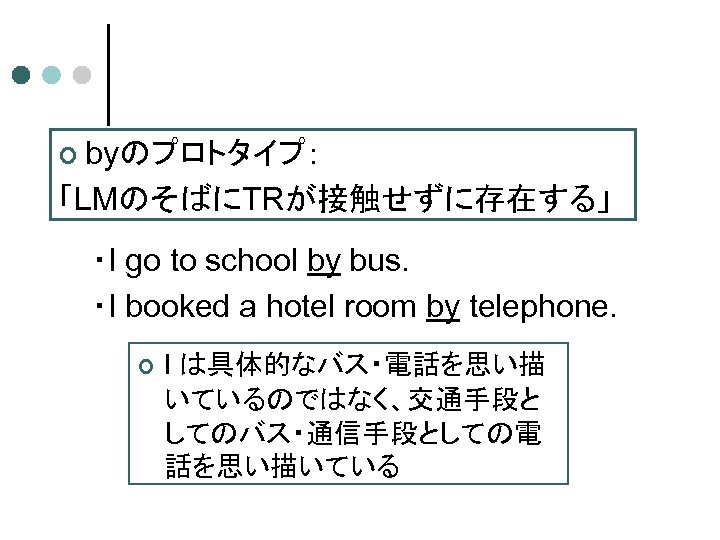 ¢ byのプロトタイプ： 「LMのそばにTRが接触せずに存在する」 ・I go to school by bus. ・I booked a hotel room