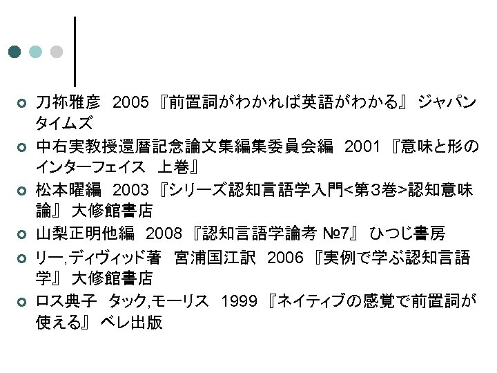 ¢ ¢ ¢ 刀祢雅彦　2005　『前置詞がわかれば英語がわかる』　ジャパン タイムズ 中右実教授還暦記念論文集編集委員会編　2001　『意味と形の インターフェイス　上巻』 松本曜編　2003　『シリーズ認知言語学入門<第３巻>認知意味 論』　大修館書店 山梨正明他編　2008　『認知言語学論考 № 7』　ひつじ書房 リー, ディヴィッド著　宮浦国江訳　2006　『実例で学ぶ認知言語