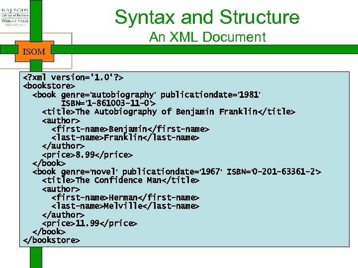 Syntax and Structure An XML Document ISOM <? xml version='1. 0'? > <bookstore> <book