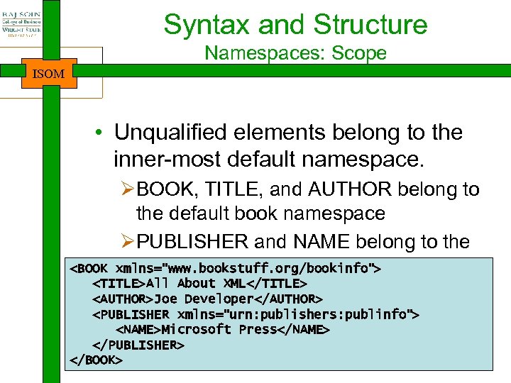 Syntax and Structure Namespaces: Scope ISOM • Unqualified elements belong to the inner-most default