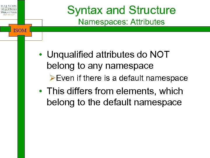 Syntax and Structure Namespaces: Attributes ISOM • Unqualified attributes do NOT belong to any