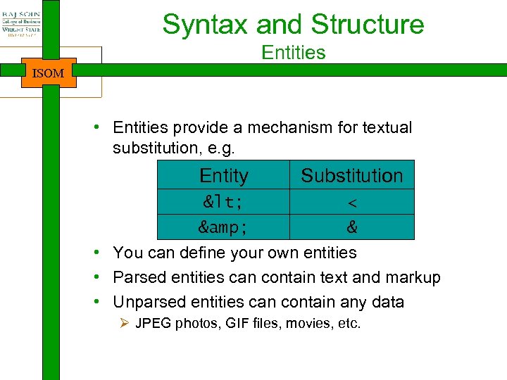 Syntax and Structure Entities ISOM • Entities provide a mechanism for textual substitution, e.