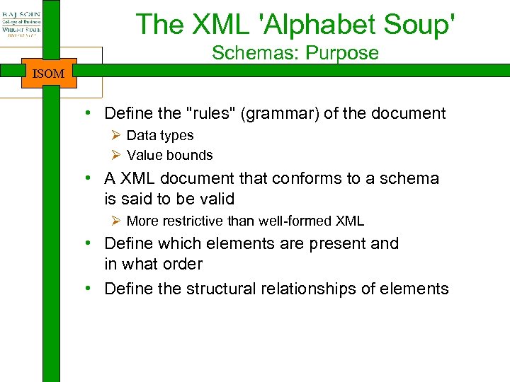 The XML 'Alphabet Soup' Schemas: Purpose ISOM • Define the 