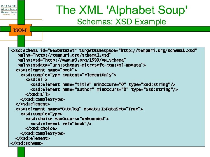 The XML 'Alphabet Soup' Schemas: XSD Example ISOM <xsd: schema id=