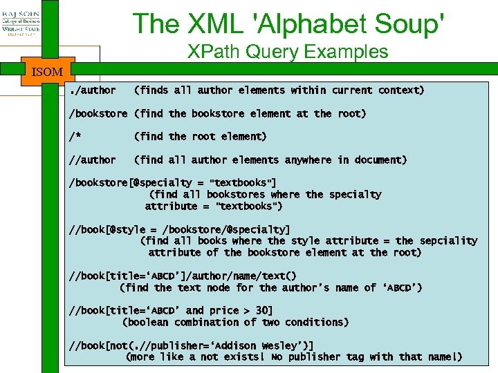 The XML 'Alphabet Soup' XPath Query Examples ISOM. /author (finds all author elements within