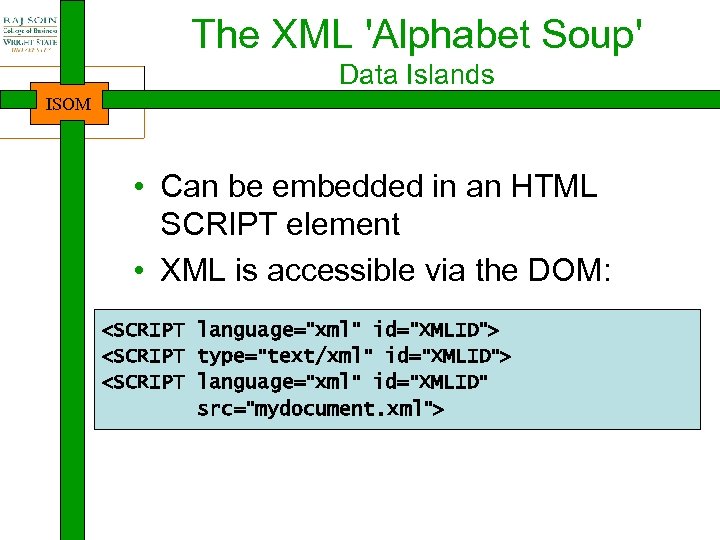 The XML 'Alphabet Soup' Data Islands ISOM • Can be embedded in an HTML