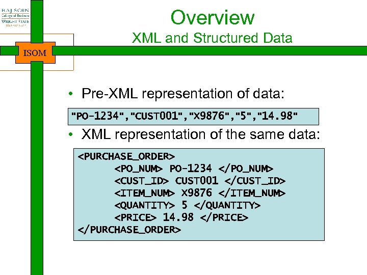 Overview XML and Structured Data ISOM • Pre-XML representation of data: 