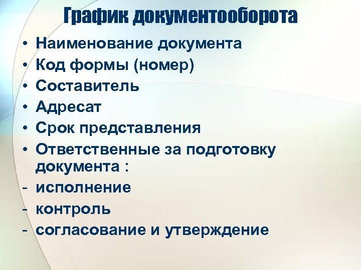 График документооборота • • • Наименование документа Код формы (номер) Составитель Адресат Срок представления