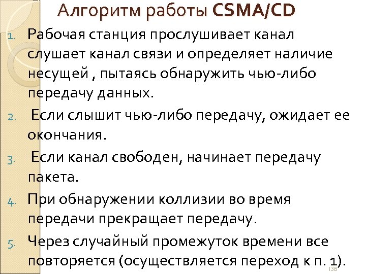 Алгоритм работы CSMA/CD 1. 2. 3. 4. 5. Рабочая станция прослушивает канал слушает канал