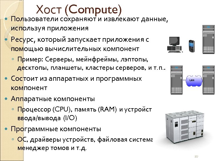 Хост (Compute) Пользователи сохраняют и извлекают данные, используя приложения Ресурс, который запускает приложения с