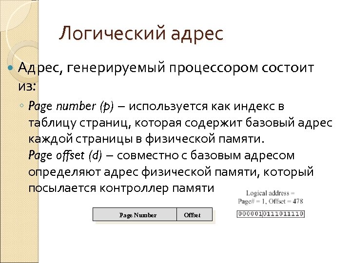 Логический адрес Адрес, генерируемый процессором состоит из: ◦ Page number (p) – используется как