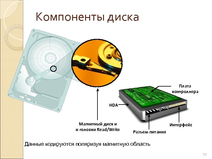 Компоненты диска Плата контроллера HDA Магнитный диск и и головки Read/Write Интерфейс Разъем питания