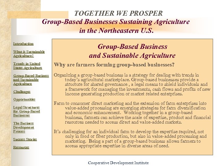 TOGETHER WE PROSPER Group-Based Businesses Sustaining Agriculture in the Northeastern U. S. Introduction What