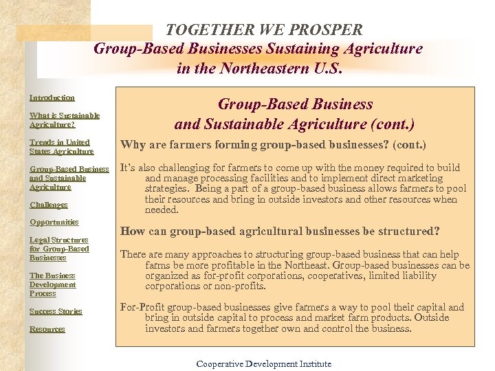 TOGETHER WE PROSPER Group-Based Businesses Sustaining Agriculture in the Northeastern U. S. Introduction What