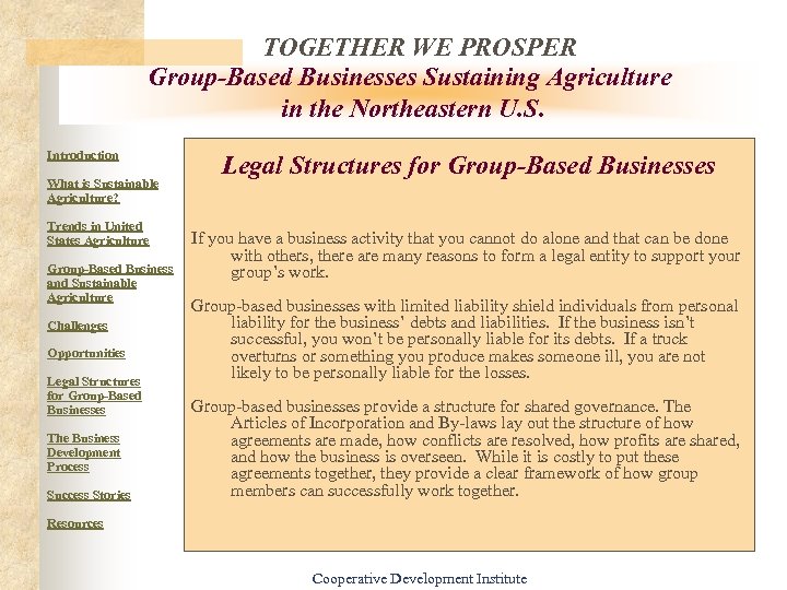 TOGETHER WE PROSPER Group-Based Businesses Sustaining Agriculture in the Northeastern U. S. Introduction What