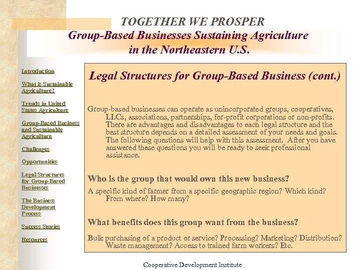 TOGETHER WE PROSPER Group-Based Businesses Sustaining Agriculture in the Northeastern U. S. Introduction What