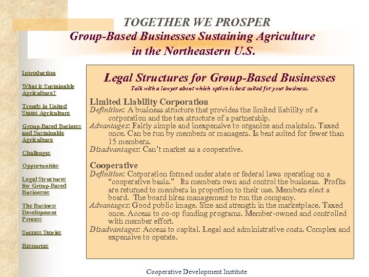 TOGETHER WE PROSPER Group-Based Businesses Sustaining Agriculture in the Northeastern U. S. Introduction What