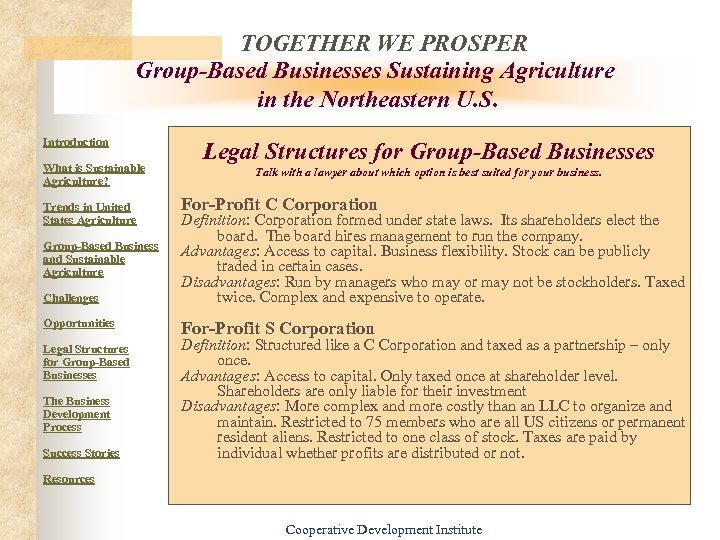 TOGETHER WE PROSPER Group-Based Businesses Sustaining Agriculture in the Northeastern U. S. Introduction What