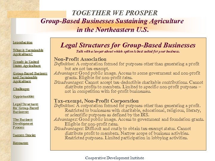 TOGETHER WE PROSPER Group-Based Businesses Sustaining Agriculture in the Northeastern U. S. Introduction What
