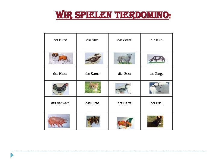 Wir spielen Tierdomino! der Hund die Ente das Schaf die Kuh das Huhn die