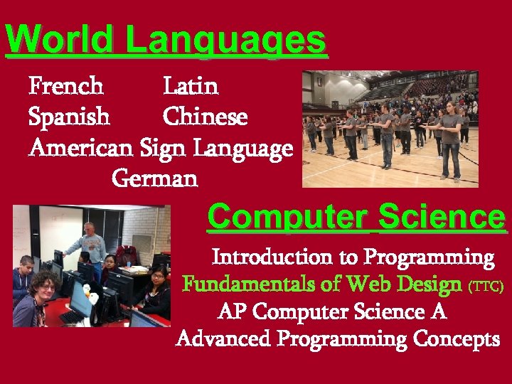 World Languages French Latin Spanish Chinese American Sign Language German Computer Science Introduction to