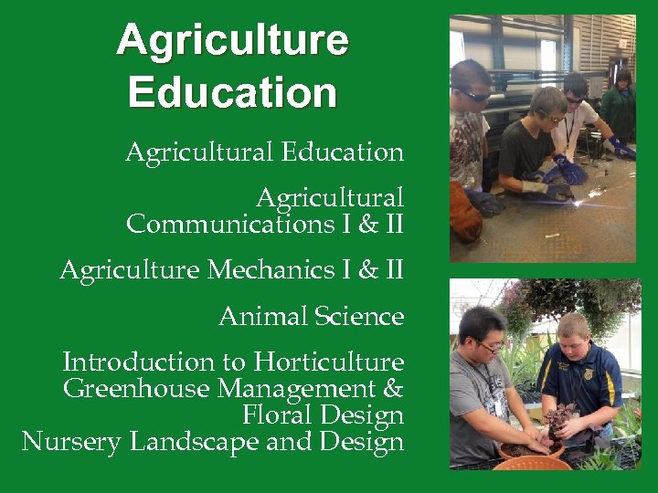 Agriculture Education Agricultural Communications I & II Agriculture Mechanics I & II Animal Science