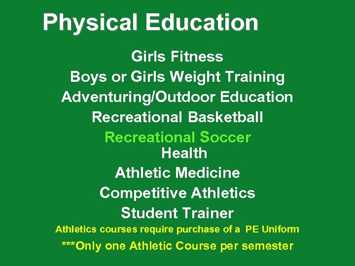 Physical Education Girls Fitness Boys or Girls Weight Training Adventuring/Outdoor Education Recreational Basketball Recreational