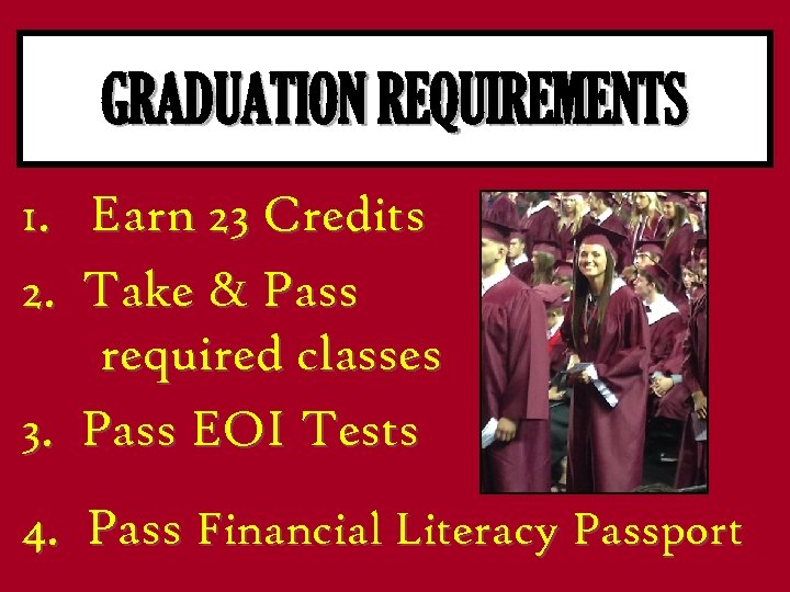 GRADUATION REQUIREMENTS 1. 2. Earn 23 Credits Take & Pass required classes 3. Pass