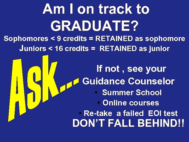 Am I on track to GRADUATE? Sophomores < 9 credits = RETAINED as sophomore