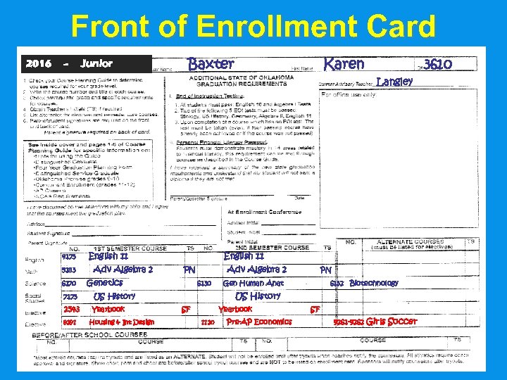 Front of Enrollment Card 2016 -- Junior Baxter Karen 3610 Langley 4173 5183 6170