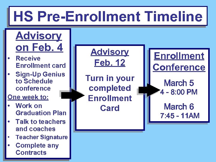 HS Pre-Enrollment Timeline Advisory on Feb. 4 • Receive Enrollment card • Sign-Up Genius