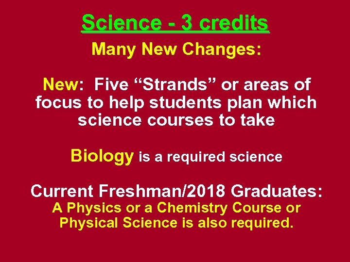 Science - 3 credits Many New Changes: New: Five “Strands” or areas of focus