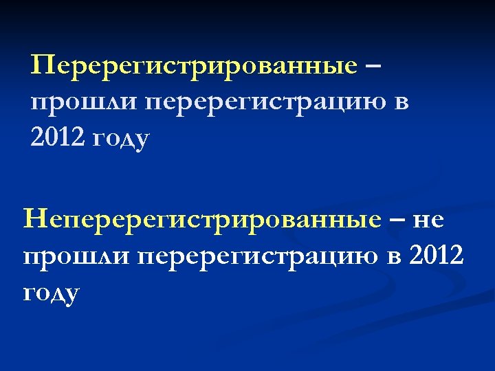 Перерегистрированные – прошли перерегистрацию в 2012 году Неперерегистрированные – не прошли перерегистрацию в 2012