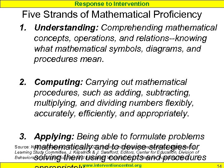 Response to Intervention Five Strands of Mathematical Proficiency 1. Understanding: Comprehending mathematical concepts, operations,