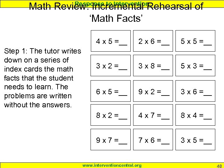 Response to Intervention Math Review: Incremental Rehearsal of ‘Math Facts’ 4 x 5 =__