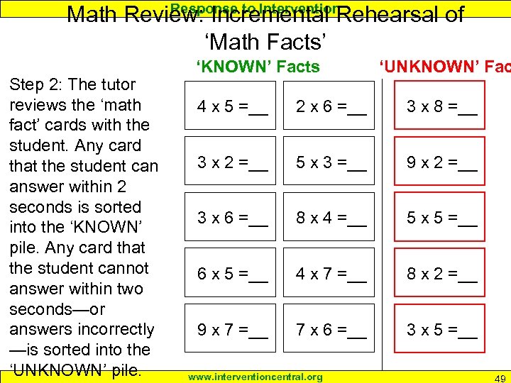 Response to Intervention Math Review: Incremental Rehearsal of ‘Math Facts’ Step 2: The tutor