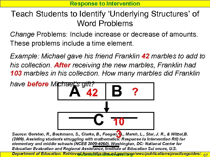 Response to Intervention Teach Students to Identify ‘Underlying Structures’ of Word Problems Change Problems: