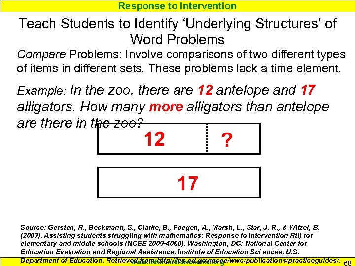 Response to Intervention Teach Students to Identify ‘Underlying Structures’ of Word Problems Compare Problems: