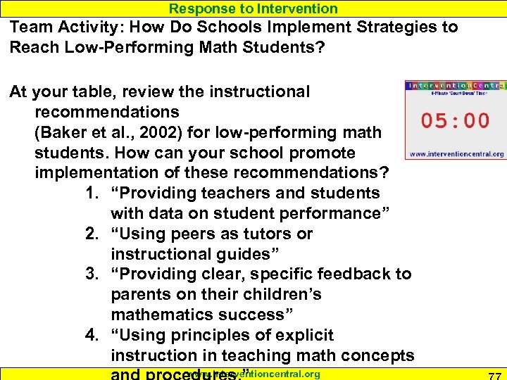 Response to Intervention Team Activity: How Do Schools Implement Strategies to Reach Low-Performing Math