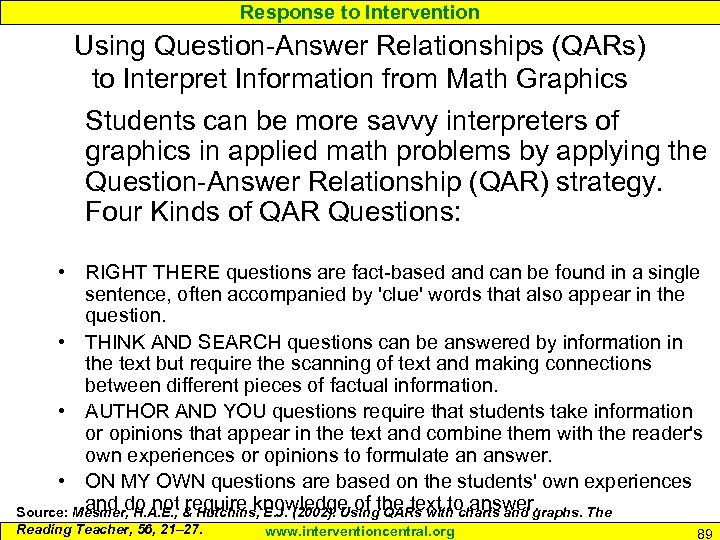 Response to Intervention Using Question-Answer Relationships (QARs) to Interpret Information from Math Graphics Students