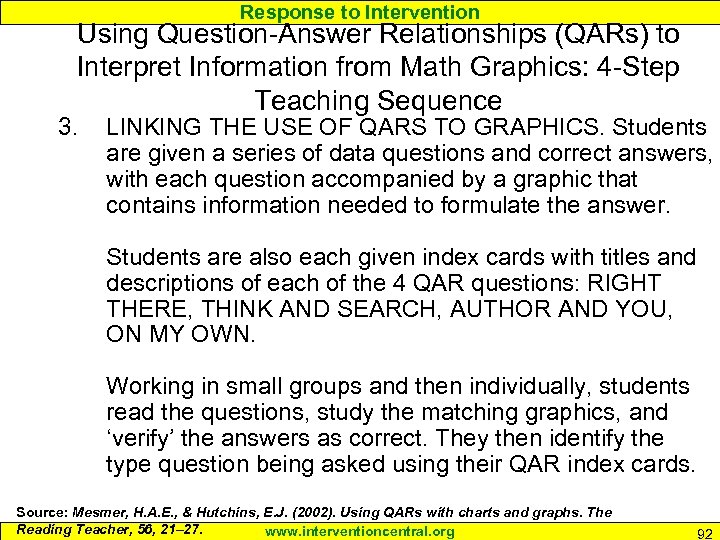 Response to Intervention Using Question-Answer Relationships (QARs) to Interpret Information from Math Graphics: 4