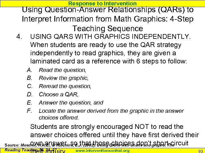 Response to Intervention Using Question-Answer Relationships (QARs) to Interpret Information from Math Graphics: 4
